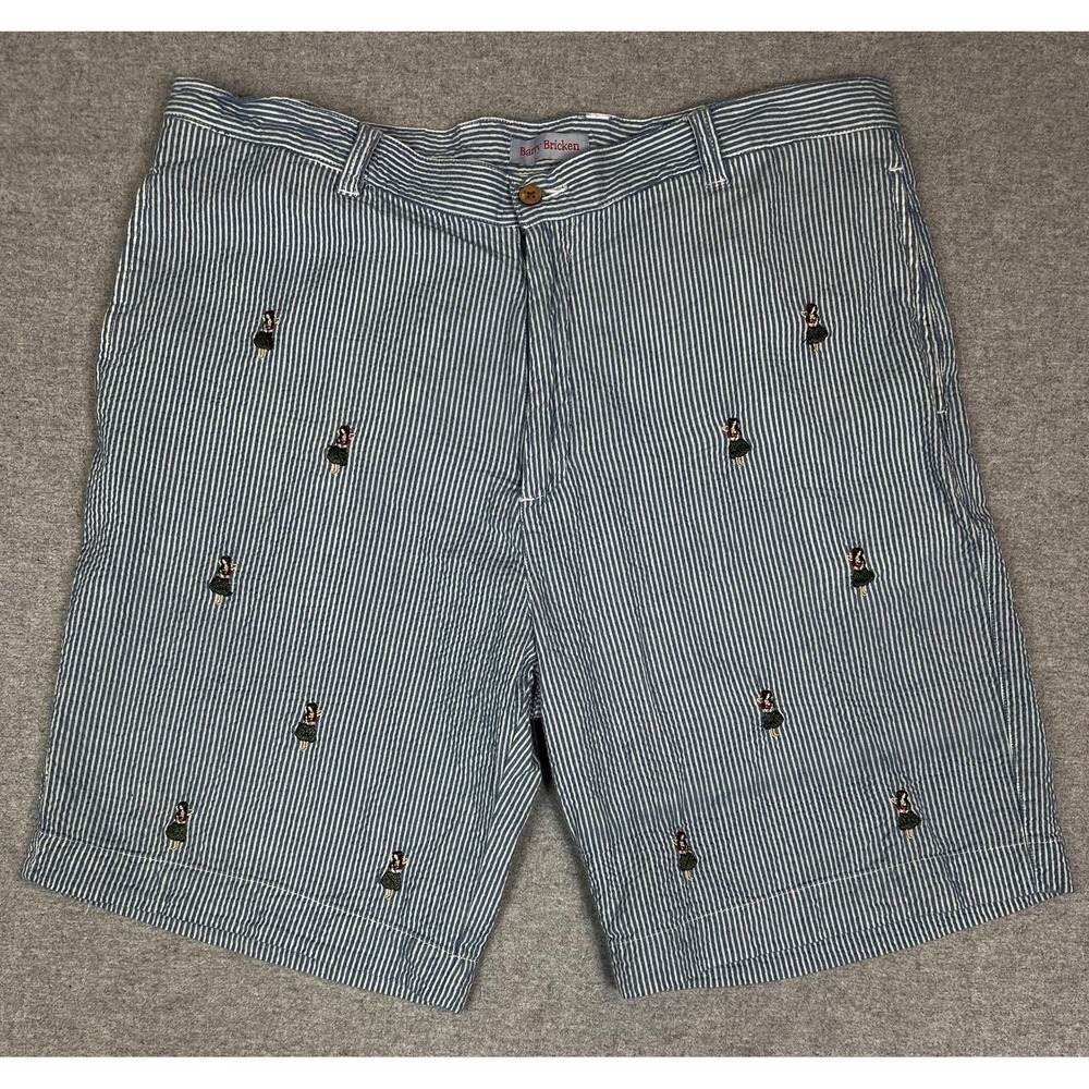 Barry Bricken Seersucker Short Mens 38‎ Blue Stripe Hula Girl Embroidered